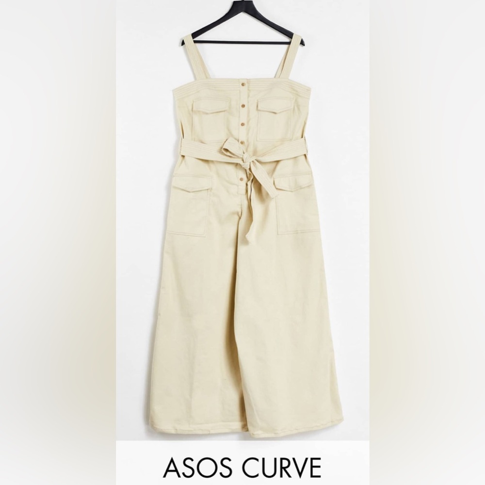 Stone Wide-Leg Overalls Jumpsuit with Belt and Contrast stitching